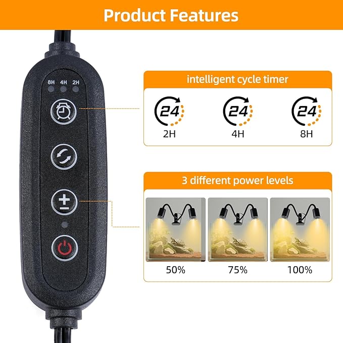 RUGOMCUB Reptile Heat Lamp, UVA UVB Lamp Dual- Head with Cycle Timer, UVB Turtle Heat Light with Dimmable, Reptile Basking Spot Light for Bearded Dragon, Lizard, Snake