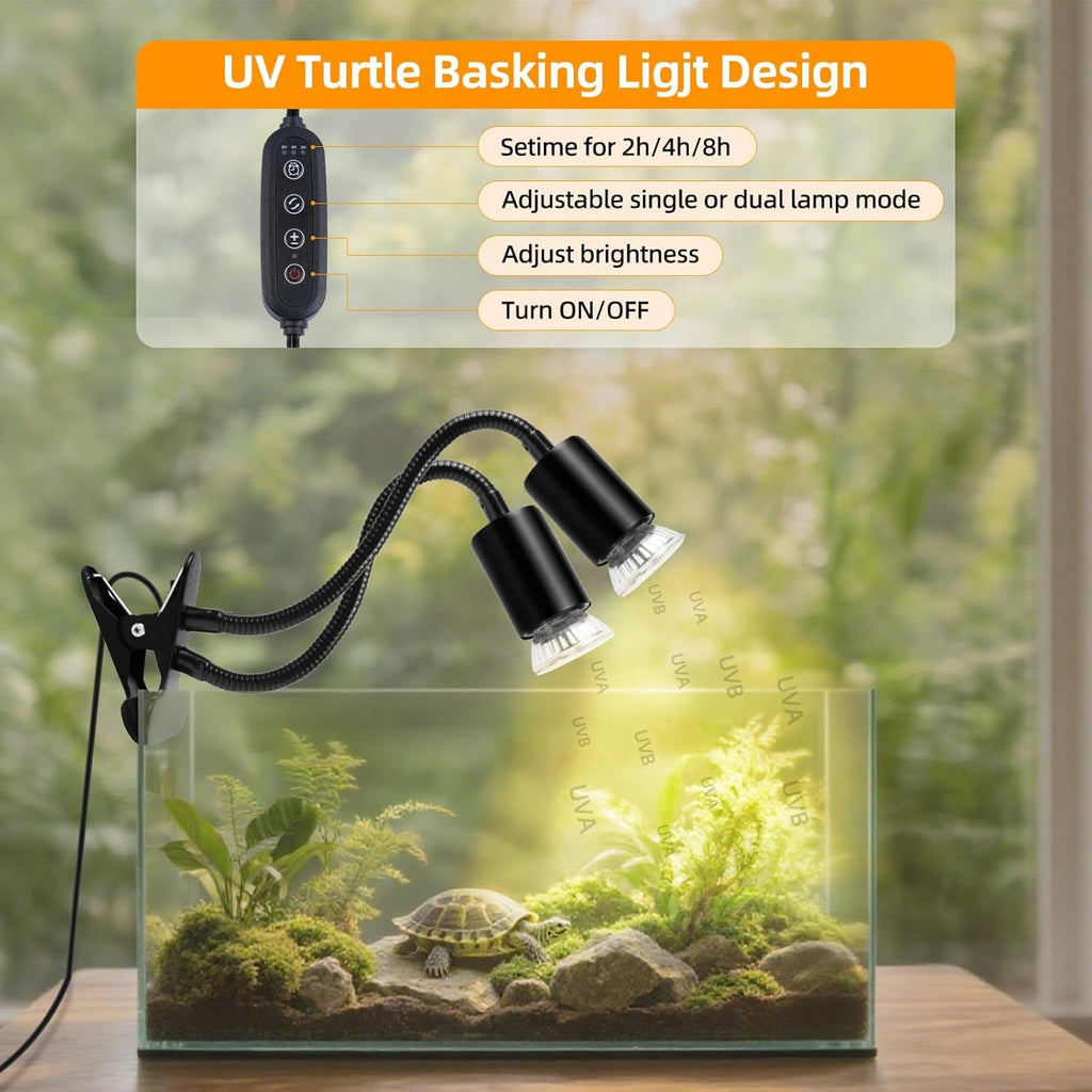 RUGOMCUB Reptile Heat Lamp, UVA UVB Lamp Dual- Head with Cycle Timer, UVB Turtle Heat Light with Dimmable, Reptile Basking Spot Light for Bearded Dragon, Lizard, Snake