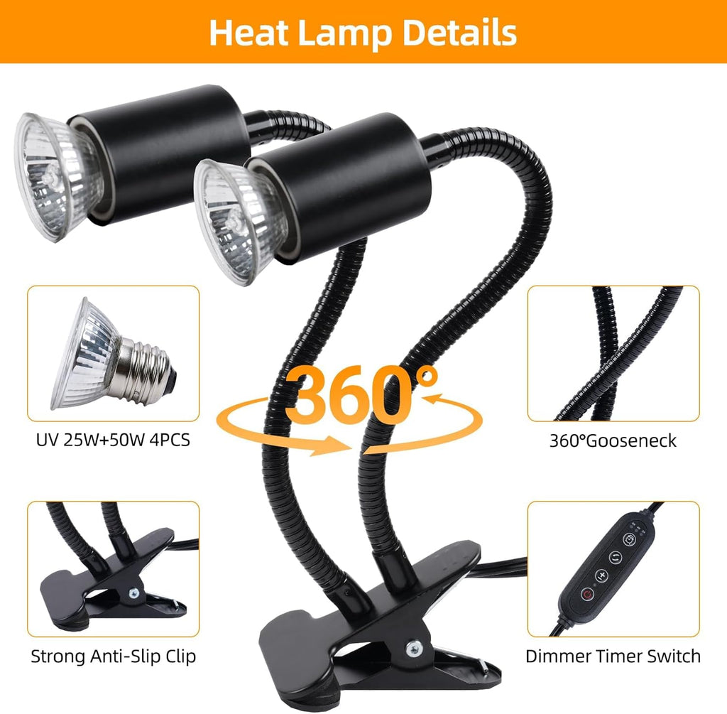 RUGOMCUB Reptile Heat Lamp, UVA UVB Lamp Dual- Head with Cycle Timer, UVB Turtle Heat Light with Dimmable, Reptile Basking Spot Light for Bearded Dragon, Lizard, Snake