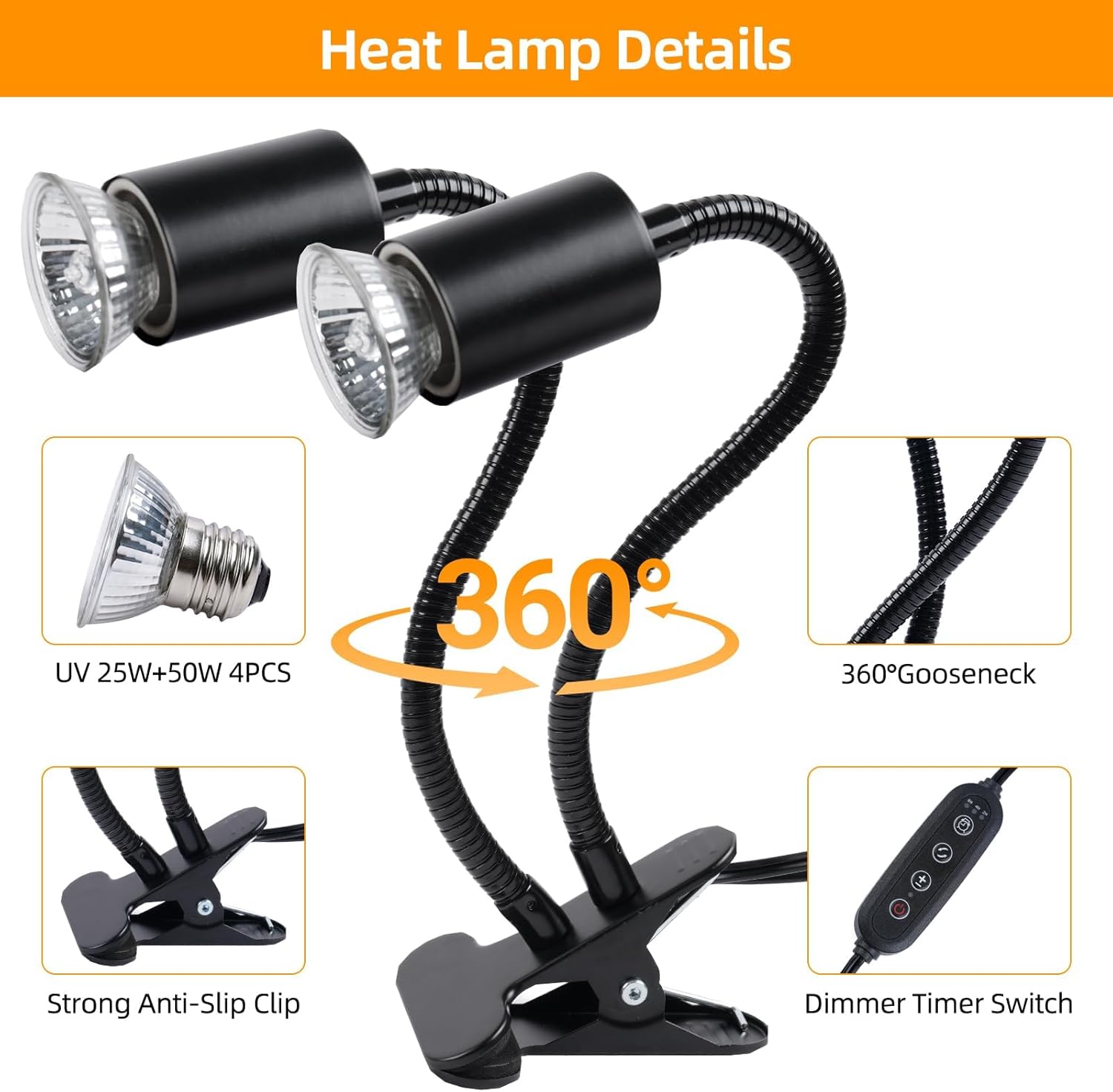 RUGOMCUB Reptile Heat Lamp, UVA UVB Lamp Dual- Head with Cycle Timer, UVB Turtle Heat Light with Dimmable, Reptile Basking Spot Light for Bearded Dragon, Lizard, Snake