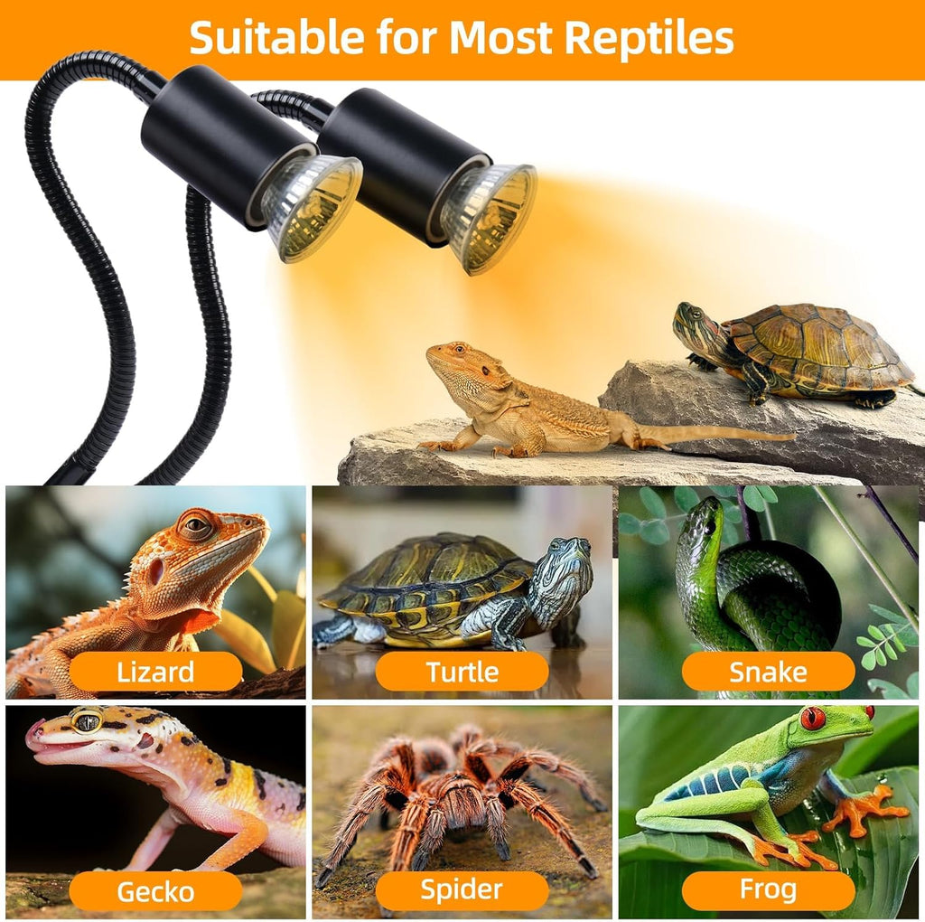 RUGOMCUB Reptile Heat Lamp, UVA UVB Lamp Dual- Head with Cycle Timer, UVB Turtle Heat Light with Dimmable, Reptile Basking Spot Light for Bearded Dragon, Lizard, Snake